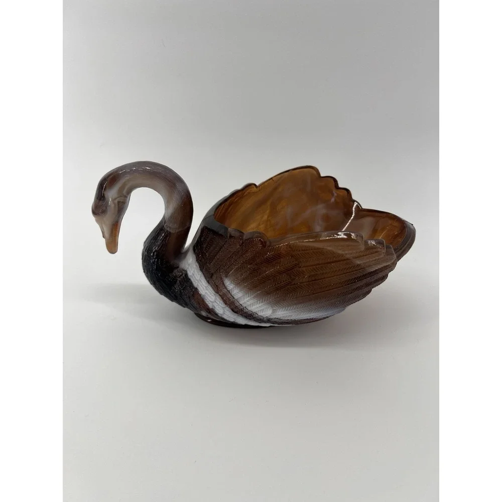 VTG Imperial Glass Carmel Slag Swirl Swan Trinket‎ Dish Holiday Thanksgiving MCM